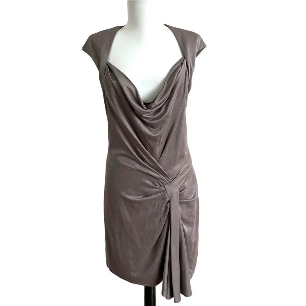 Karen Millen Taupe Brown Cap Sleeve Sheath Dress Size 8 EU 40 Faux Wrap - Picture 2 of 10